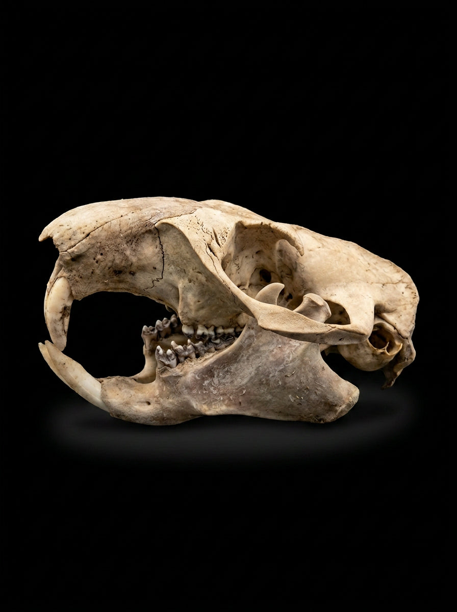 Beetle-cleaned groundhog skull, detail of teeth on black background