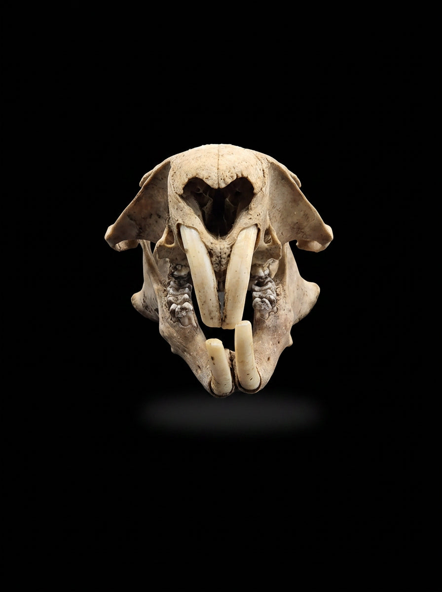 Beetle-cleaned groundhog skull, front view showing incisors on black background